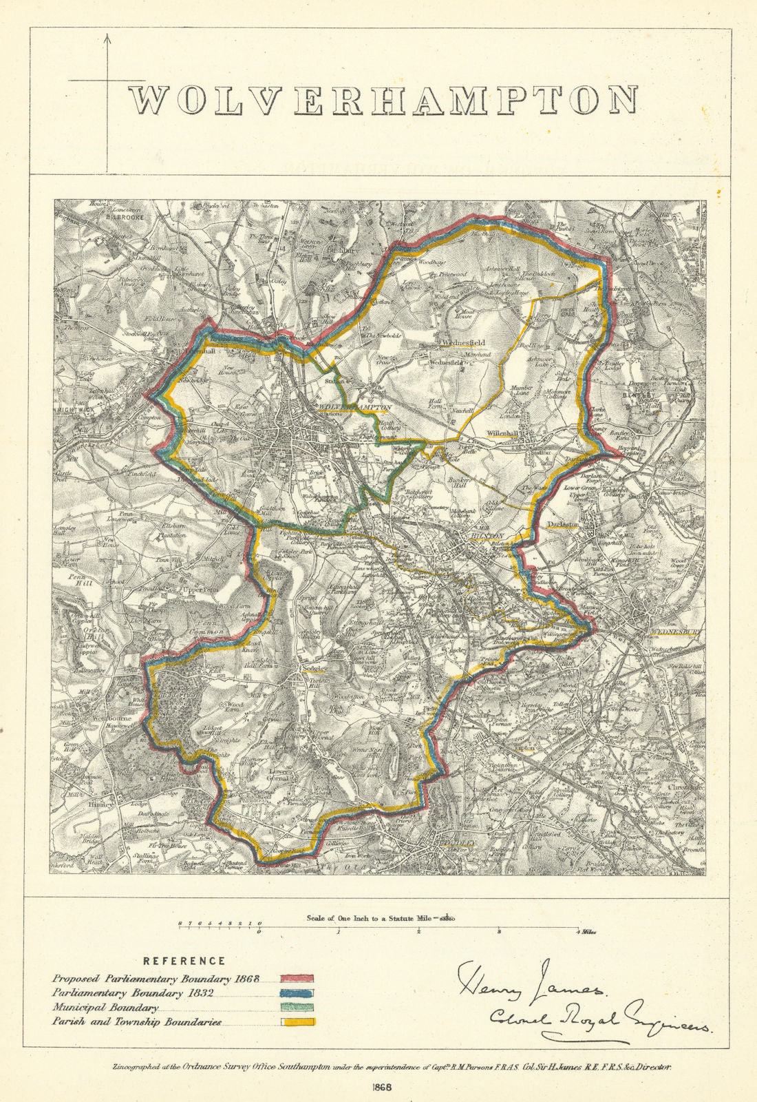 Wolverhampton, Staffordshire. JAMES. Parliamentary Boundary Commission 1868 map